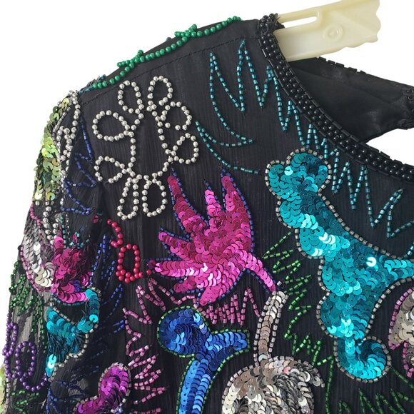 Vintage Sweelo Beaded Sequin Dress 80s Prom Cocktail Black Rainbow Glam Fancy - Picture 13 of 15